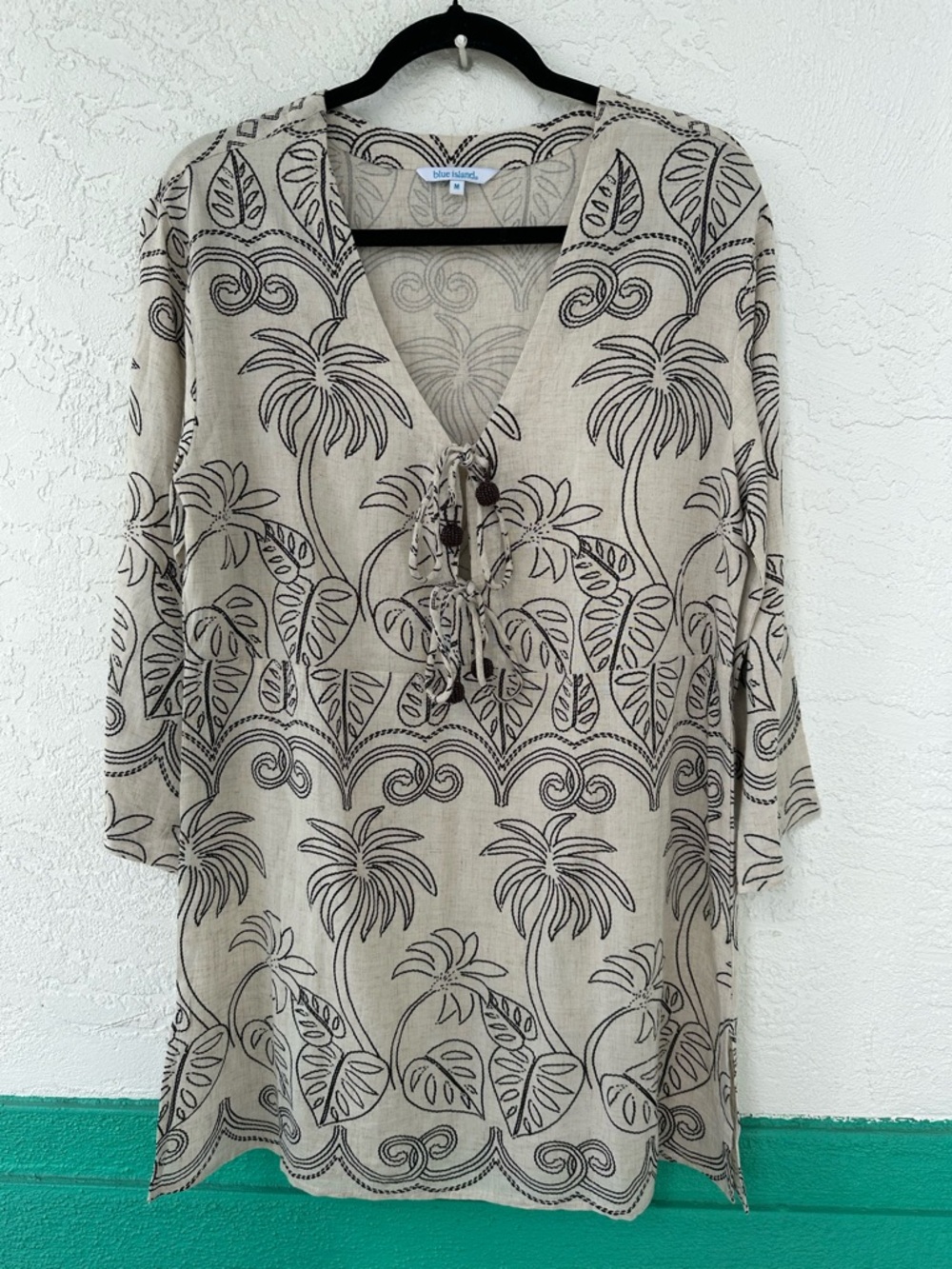 Blue Island Swim Cover Up Tropical Rayon Linen Cream Black Medium